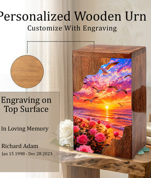 Personalized Sunset Beach Wooden Cremation Urn – Ocean Memorial Urn with Seagulls & Rose Garden