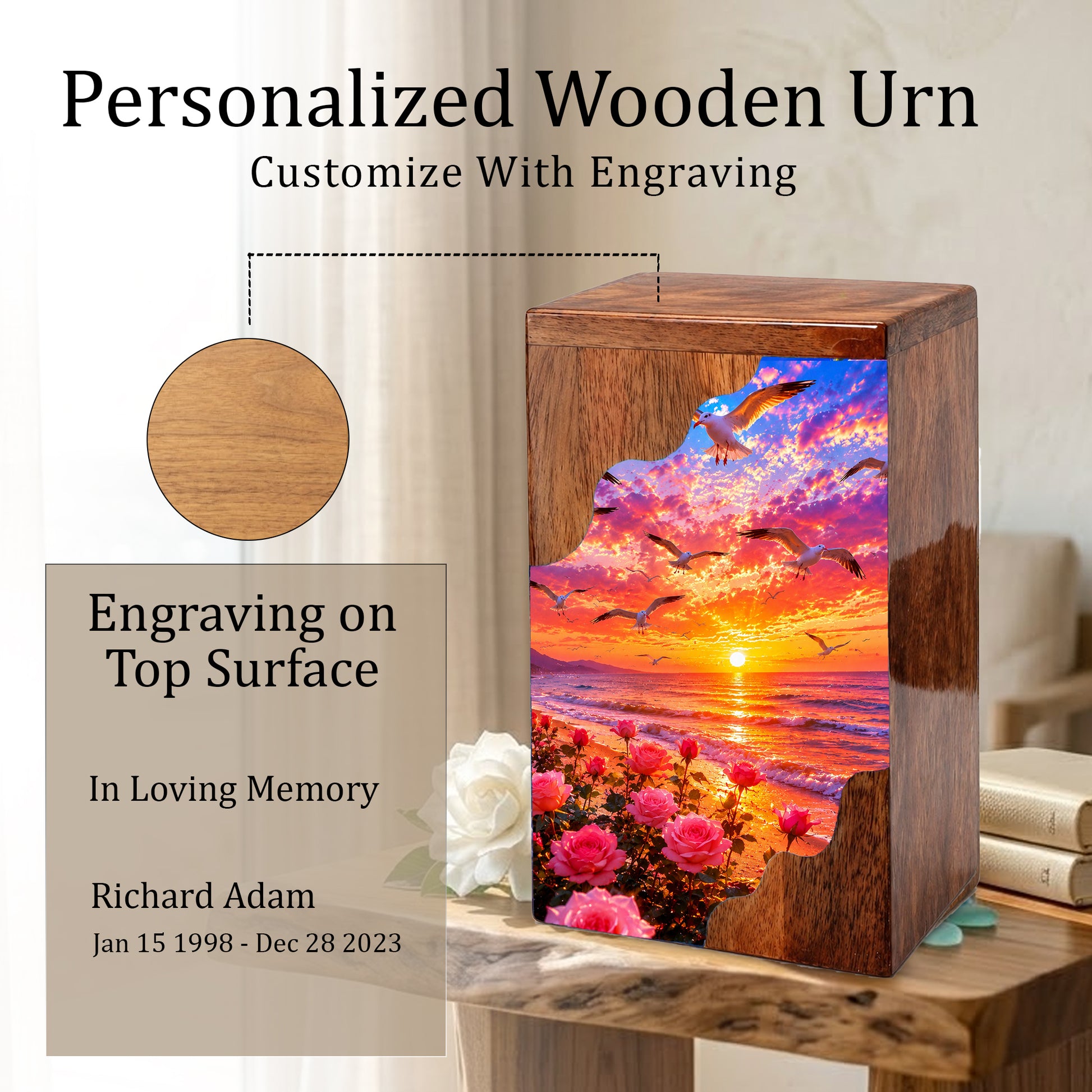 Personalized Sunset Beach Wooden Cremation Urn – Ocean Memorial Urn with Seagulls & Rose Garden