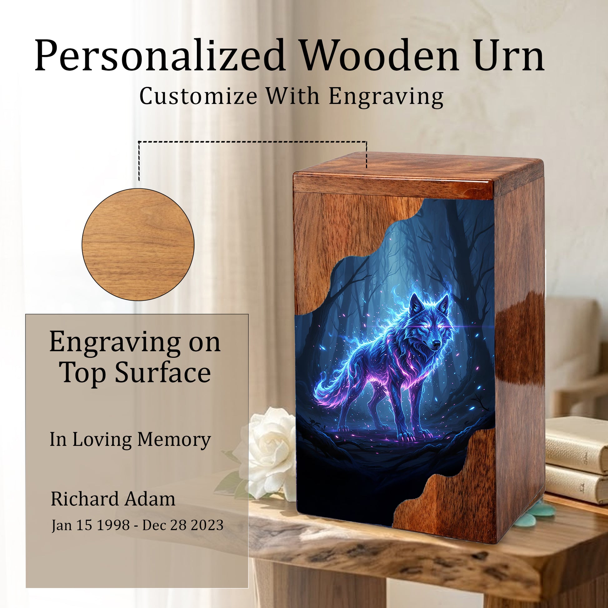Wooden Cremation Urn – Spirit Wolf Memorial Urn | Custom Wooden Memorial Urn for Dad