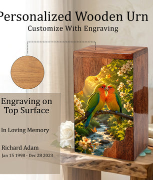 Lovebirds Wooden Cremation Urn – Memorial Urn for Human Ashes
