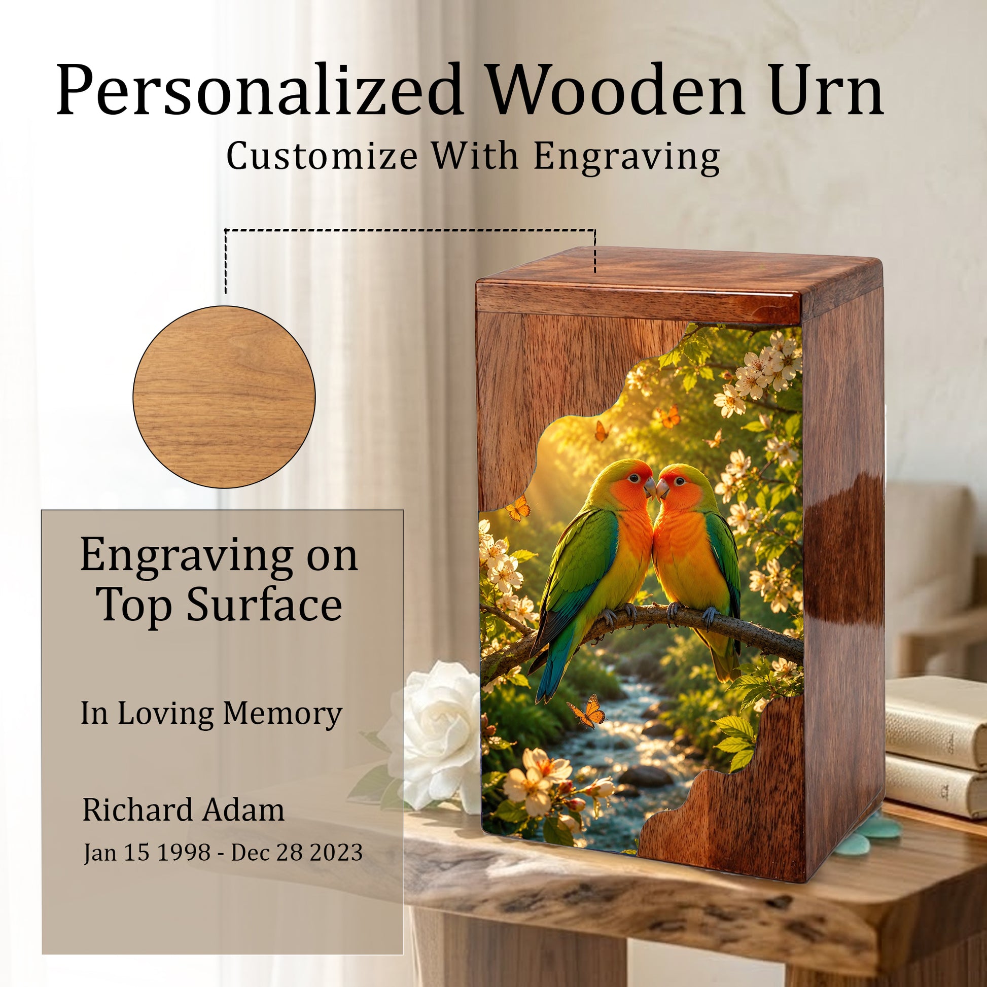 Lovebirds Wooden Cremation Urn – Memorial Urn for Human Ashes