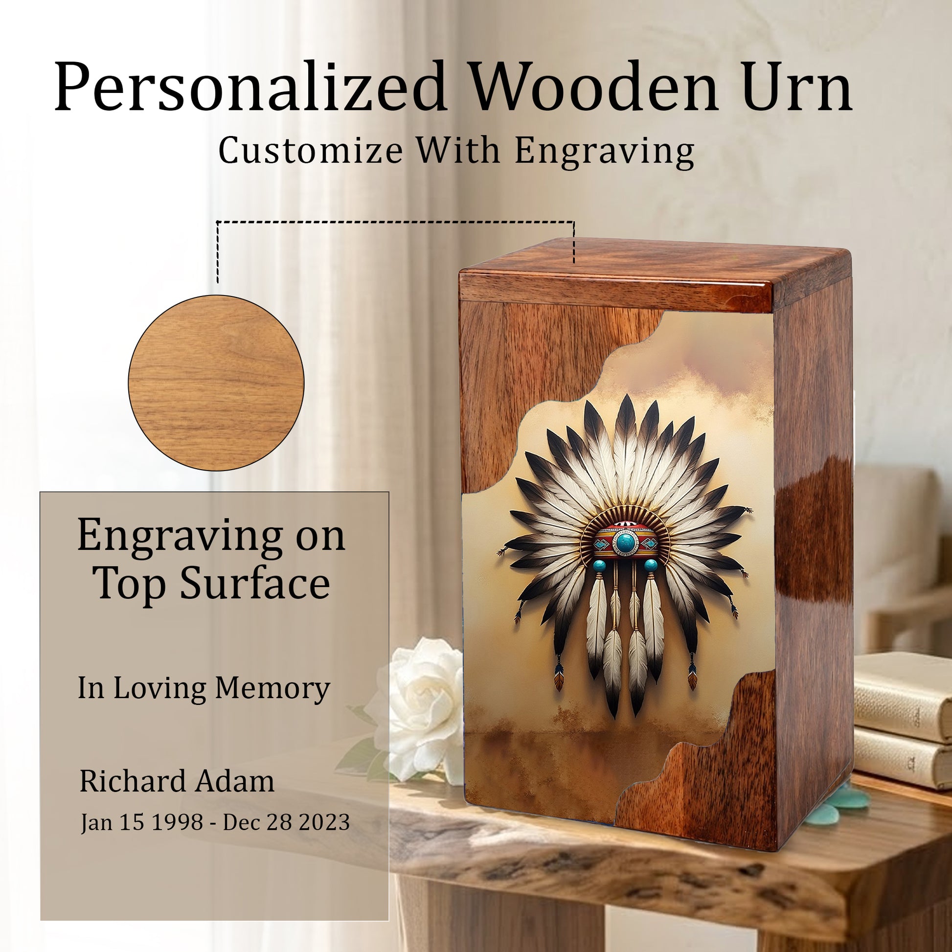 Wooden Cremation Urn – Feather Memorial Design | Custom Wooden Urn for Human Ashes