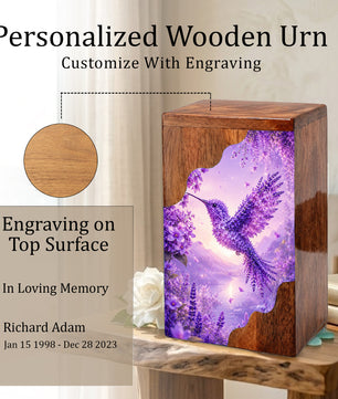 Hummingbird Cremation Urn for Mom | Purple Floral Wooden Urn for Human