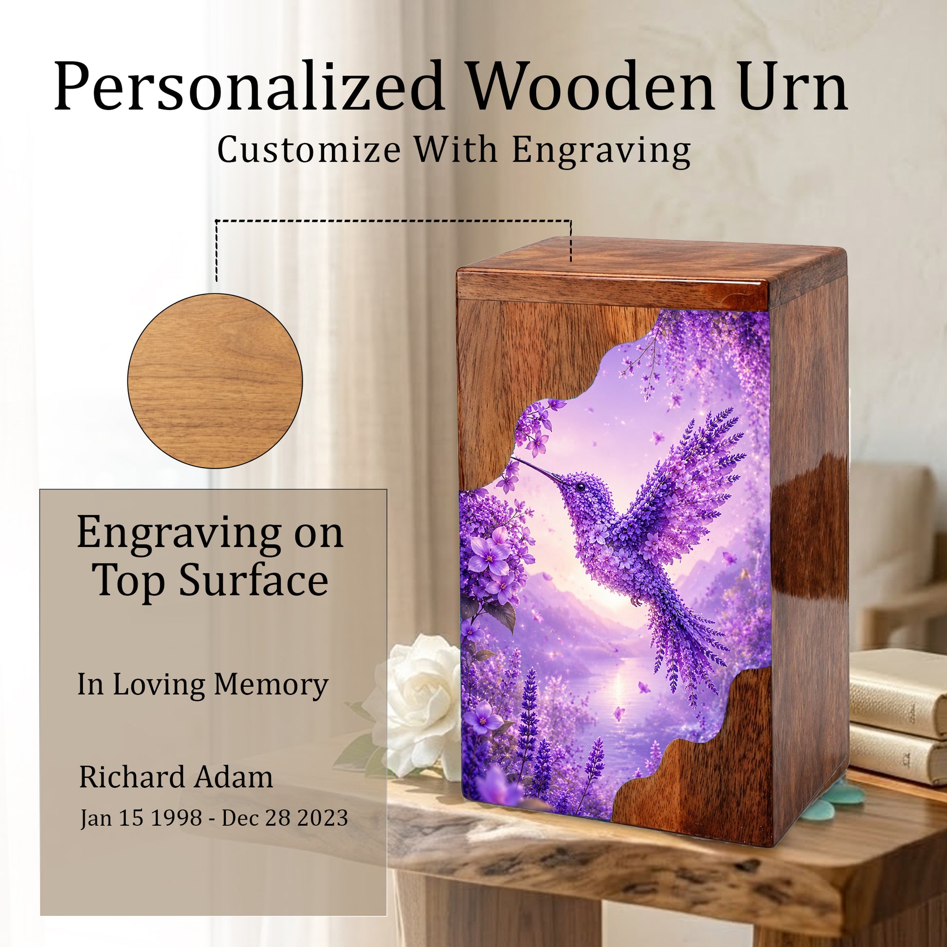 Hummingbird Cremation Urn for Mom | Purple Floral Wooden Urn for Human