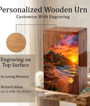 Tropical Beach Wooden Cremation Urn – Wooden Urn for Human Ashes |