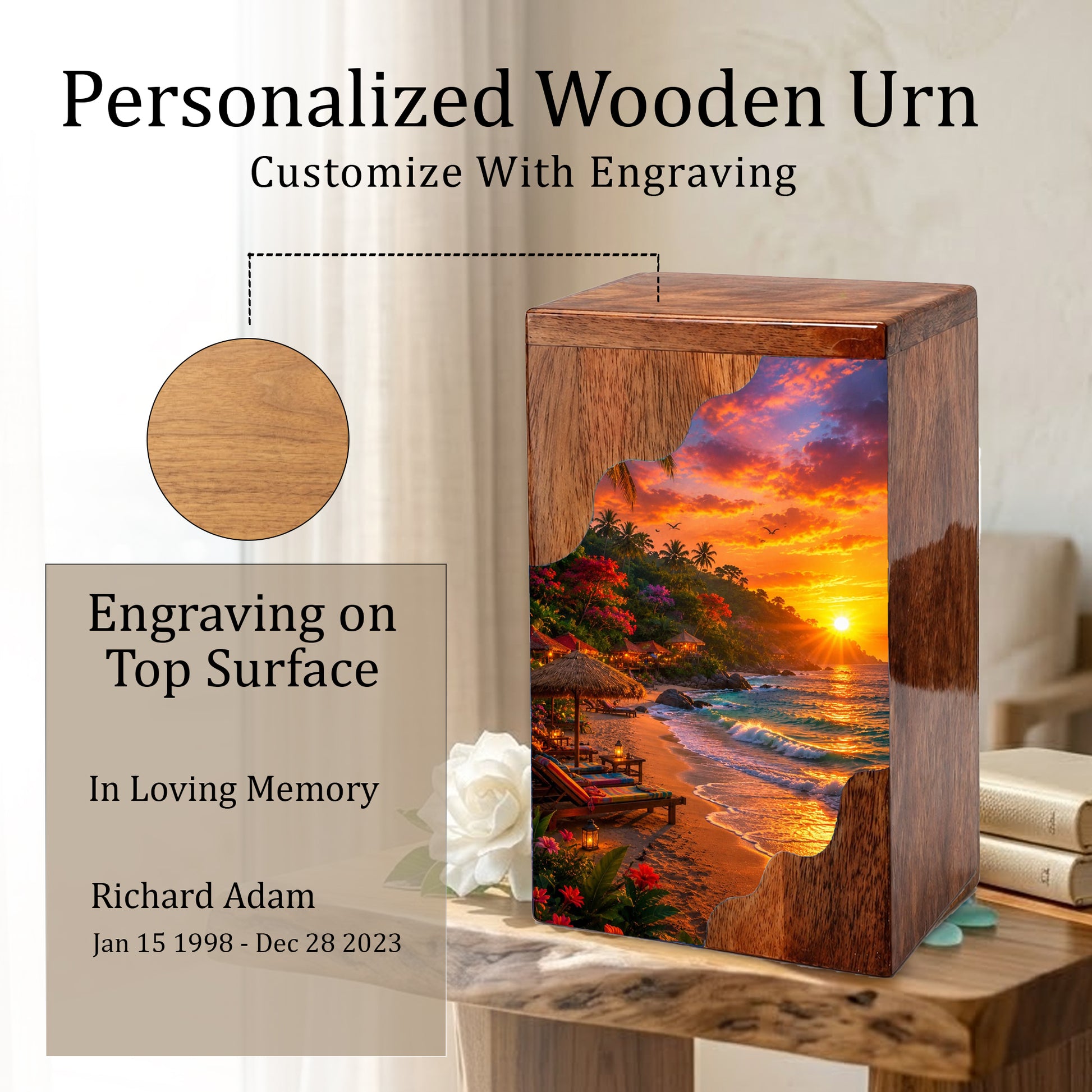 Tropical Beach Wooden Cremation Urn – Wooden Urn for Human Ashes |
