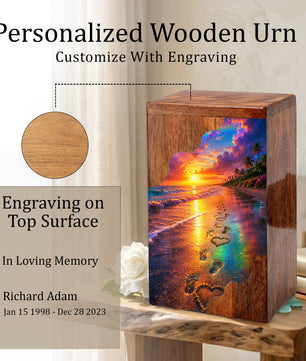 Beach Wooden Cremation Urn for Human Ashes | Ocean Sunset Memorial Urn