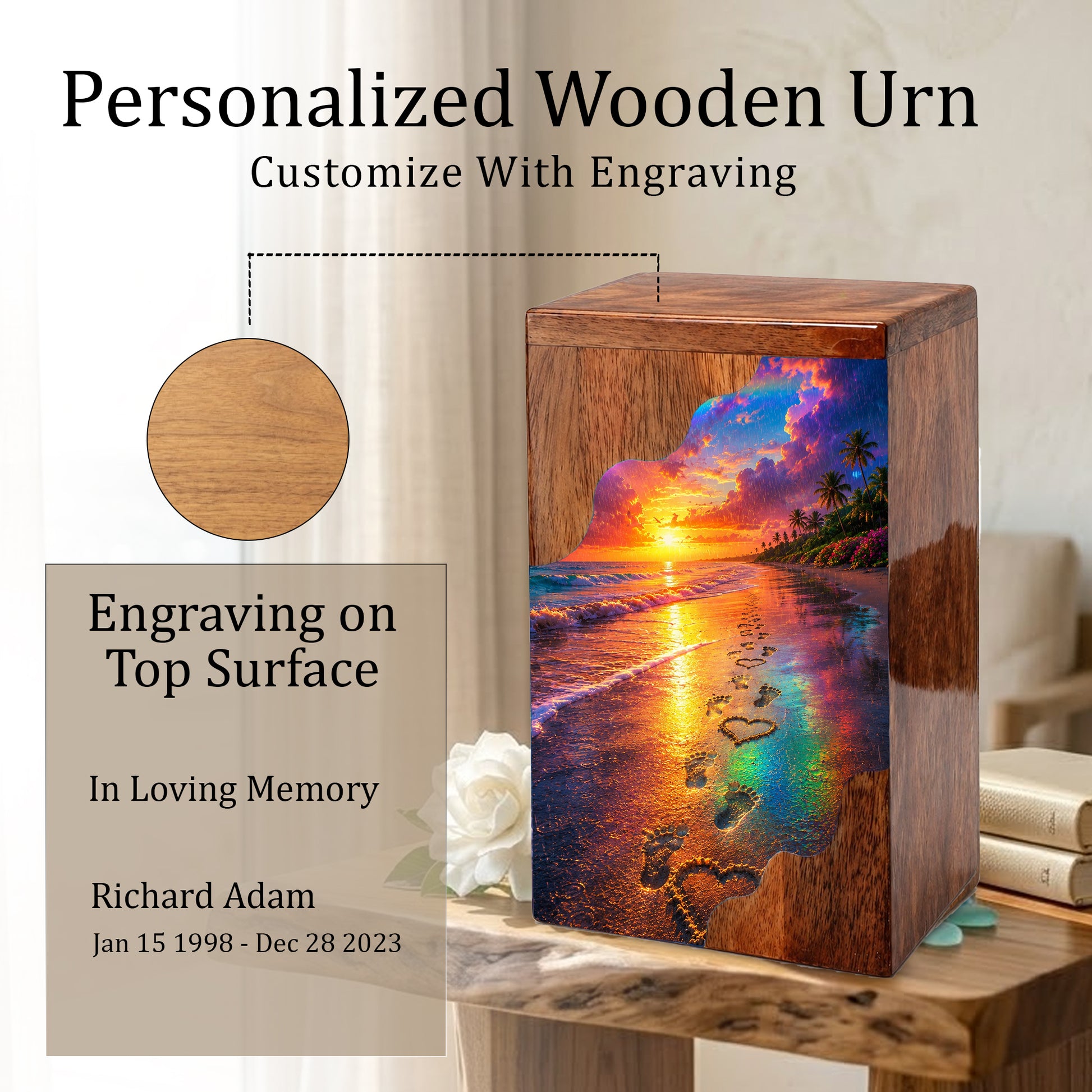 Beach Wooden Cremation Urn for Human Ashes | Ocean Sunset Memorial Urn