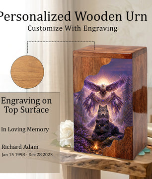 Wildlife Wooden Cremation Urn for Human Ashes | Eagle Wolf Panther Memorial Urn