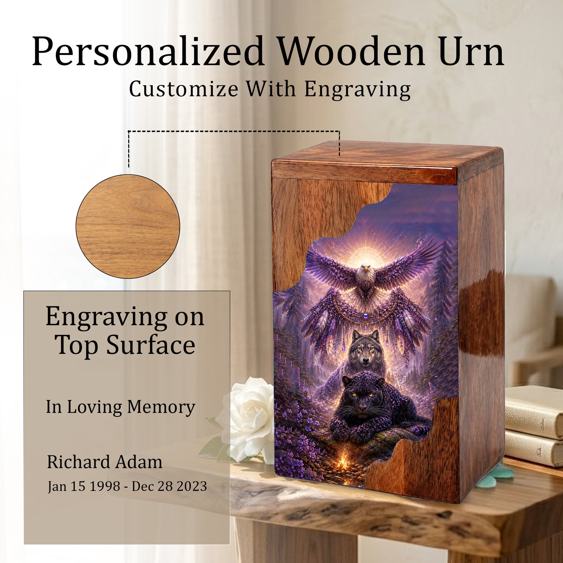 Wildlife Wooden Cremation Urn for Human Ashes | Eagle Wolf Panther Memorial Urn