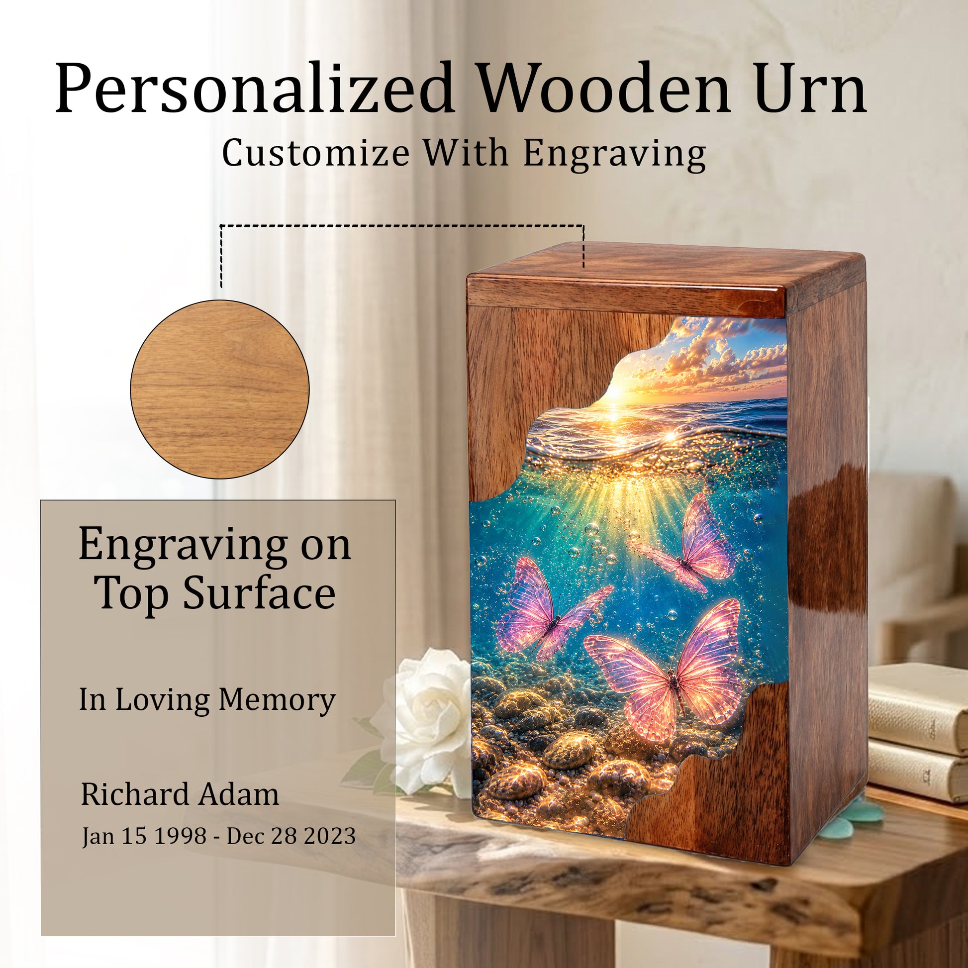 Butterfly Ocean Cremation Urn – Wooden Urn for Human Ashes