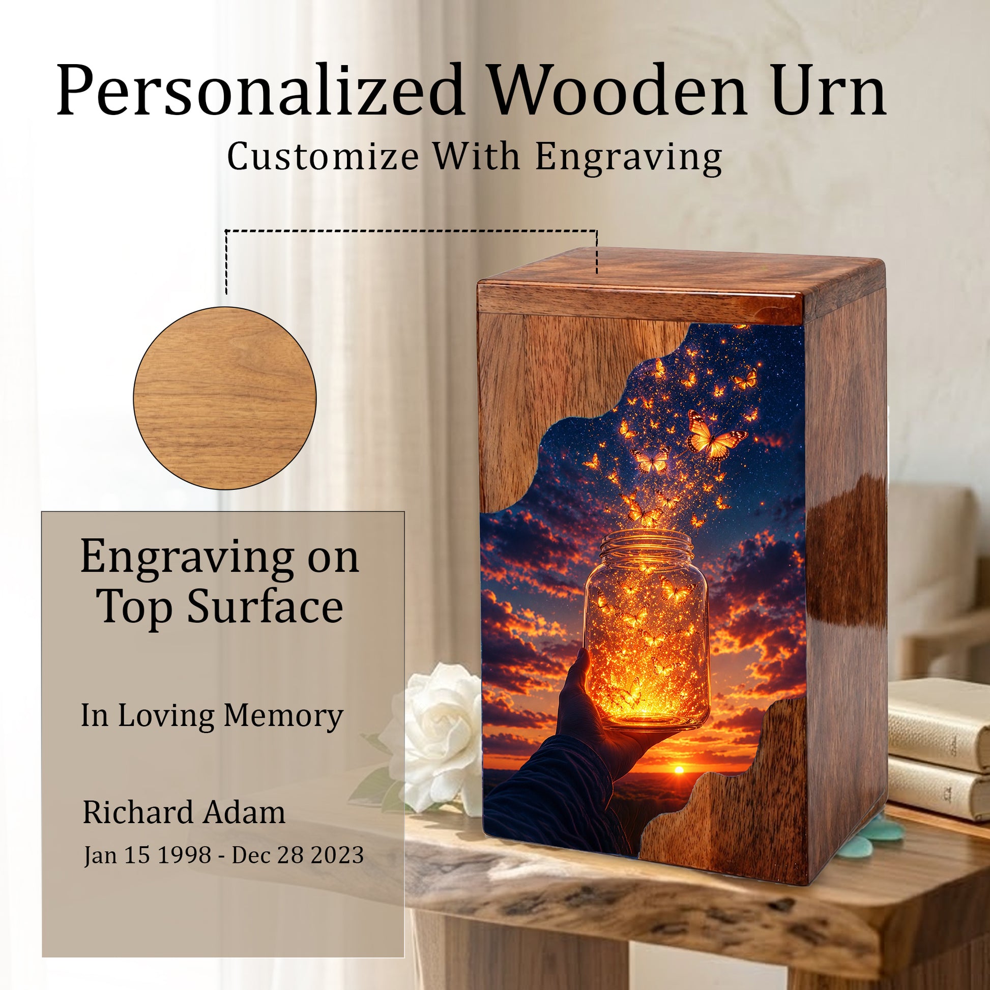 Butterfly Release Wooden Cremation Urn – Sunset Memorial Urn for Human Ashes