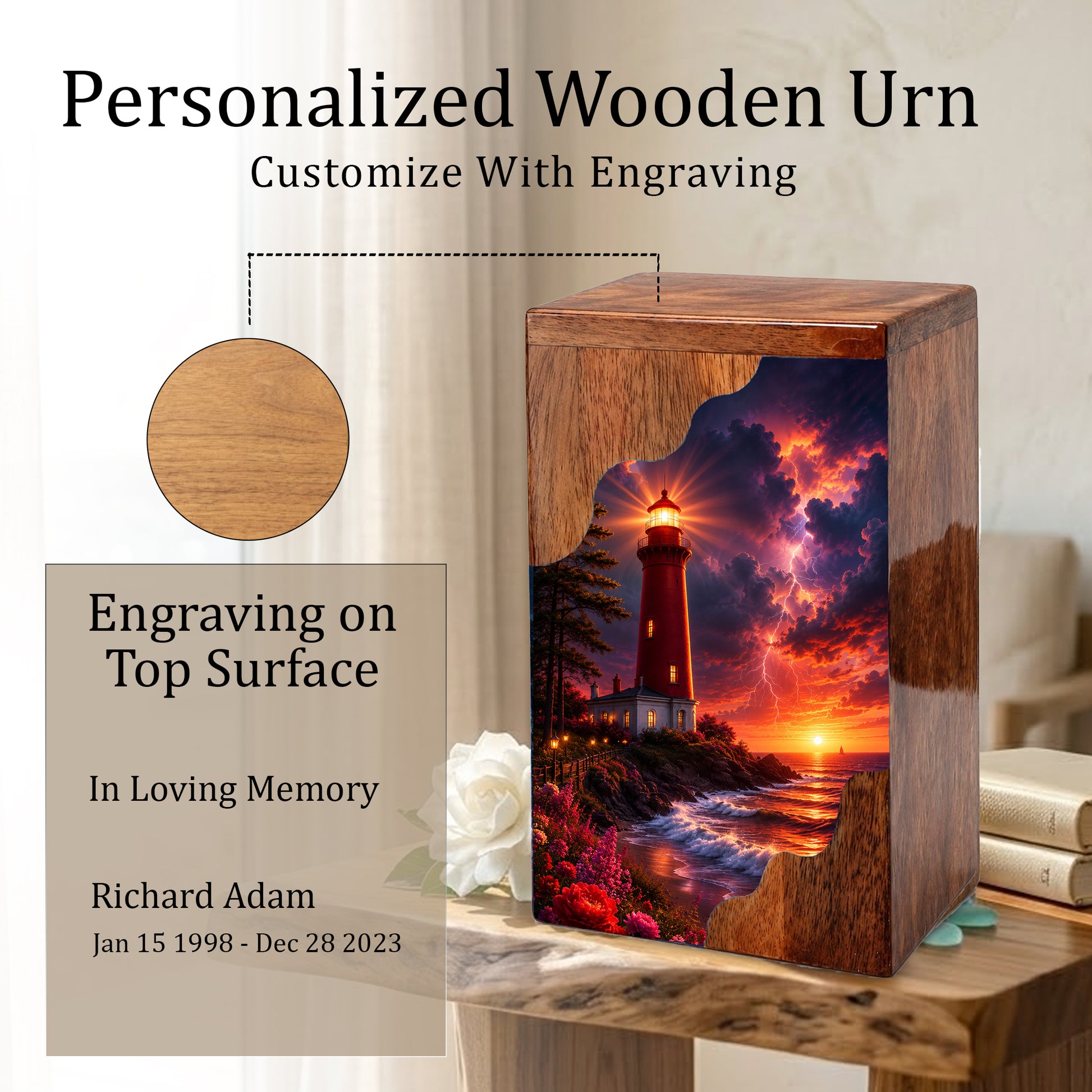 Lighthouse Wooden Cremation Urn for Human Ashes