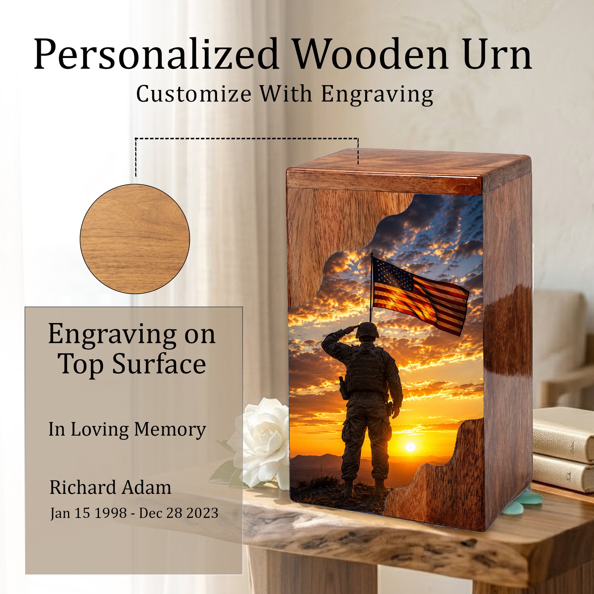Military Wooden Cremation Urn for Human Ashes