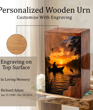 Sunset Fishing Wooden Cremation Urn – Gone Fishing Memorial Urn for Human Ashes