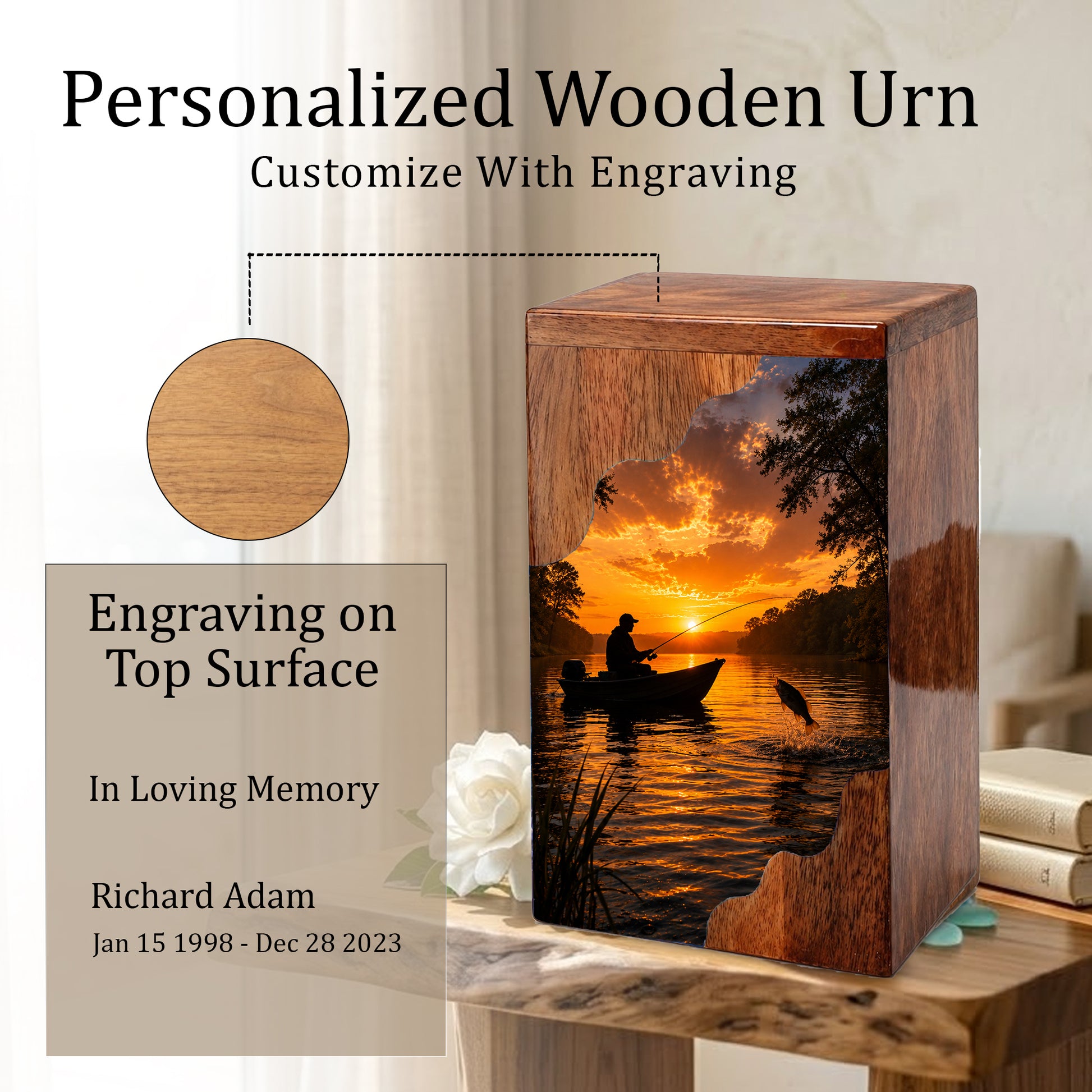 Sunset Fishing Wooden Cremation Urn – Gone Fishing Memorial Urn for Human Ashes