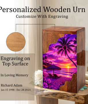 Tropical Sunset Wooden Cremation Urn – Beach Memorial Urn for Human Ashes
