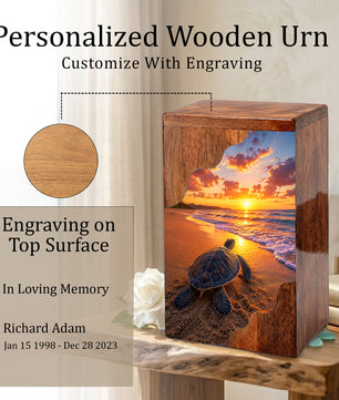 Sea Turtle Sunset Wooden Cremation Urn – Adult Wooden Urn for Human Ashes | Beach Memorial Urn