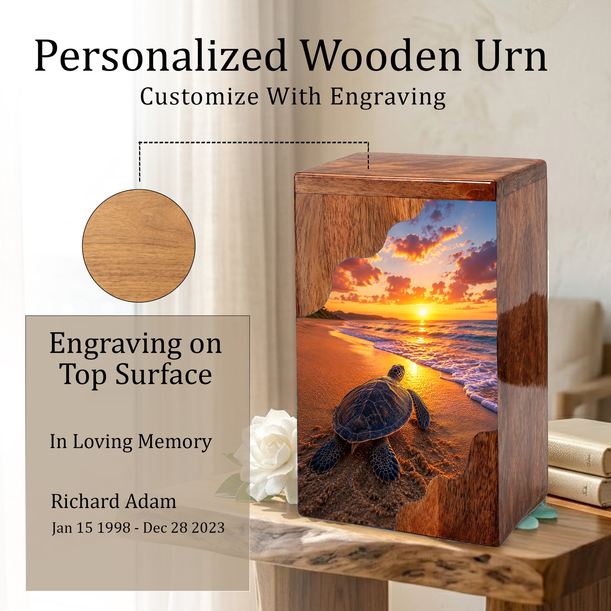 Sea Turtle Sunset Wooden Cremation Urn – Adult Wooden Urn for Human Ashes | Beach Memorial Urn