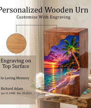 Wooden Beach Urn for Human Ashes | Palm Tree Wooden Cremation Urn | Ocean Sunset Memorial Urn