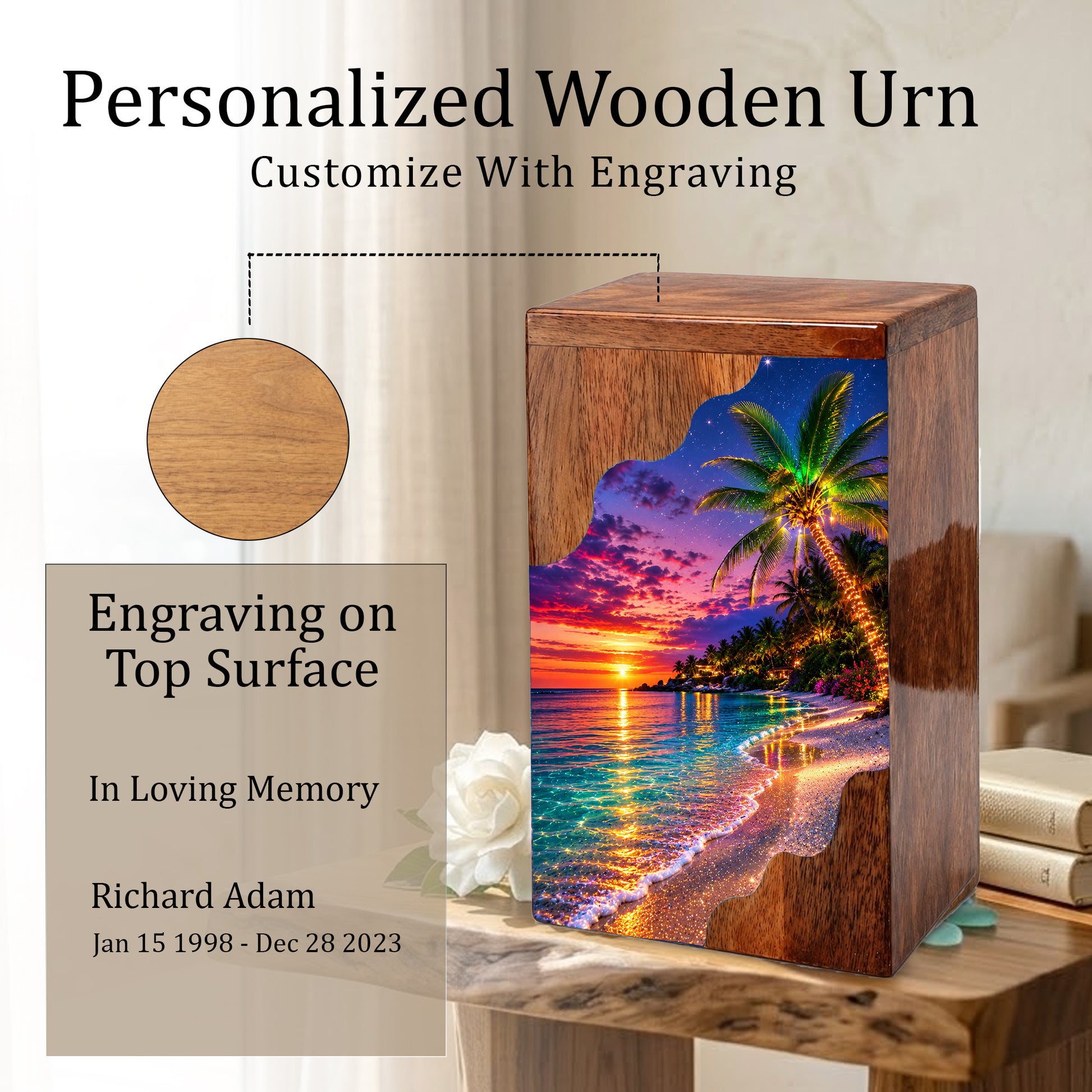 Wooden Beach Urn for Human Ashes | Palm Tree Wooden Cremation Urn | Ocean Sunset Memorial Urn