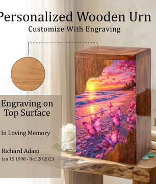 Pink Butterfly Beach Wooden Cremation Urn – Wooden Urn for Human Ashes
