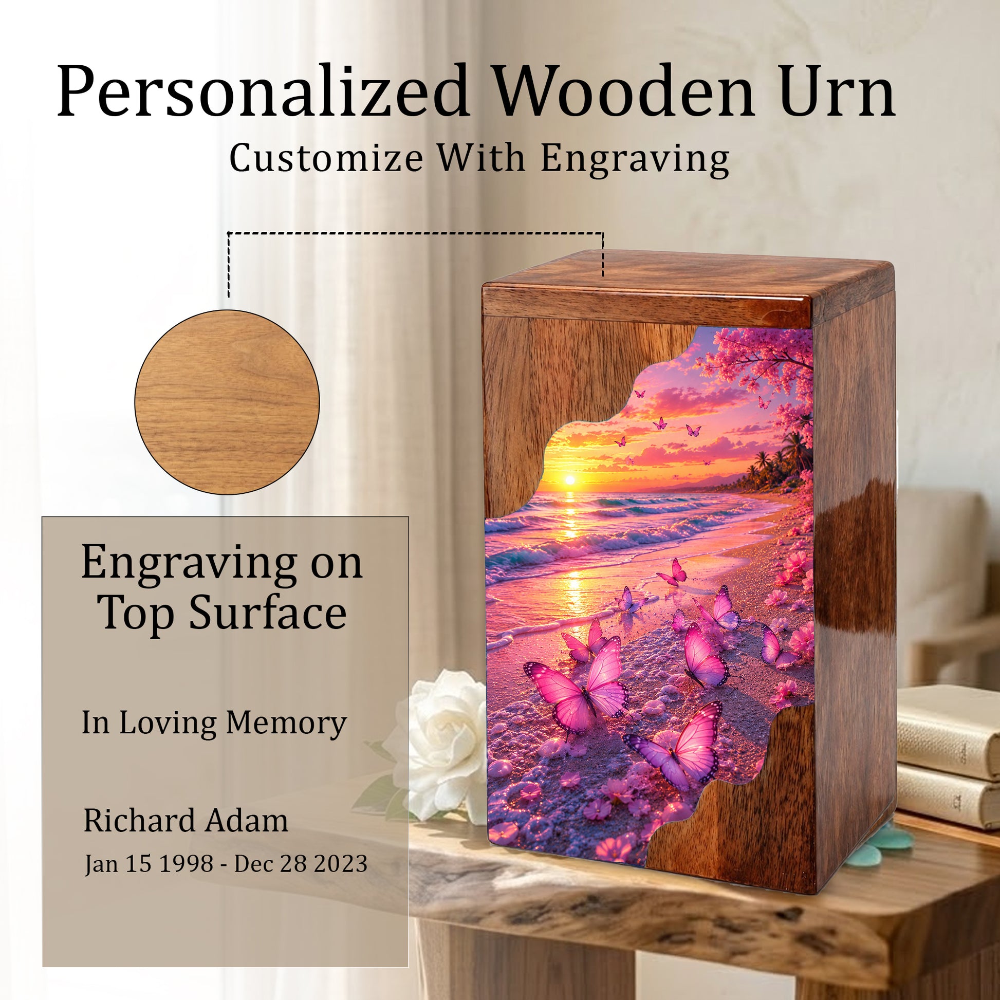 Pink Butterfly Beach Wooden Cremation Urn – Wooden Urn for Human Ashes