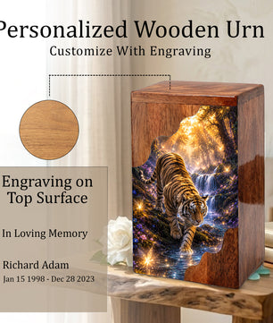 Tiger Wooden Cremation Urn – Personalized Memorial Urn for Dad | Nature Inspired Wooden Urn for Human Ashes