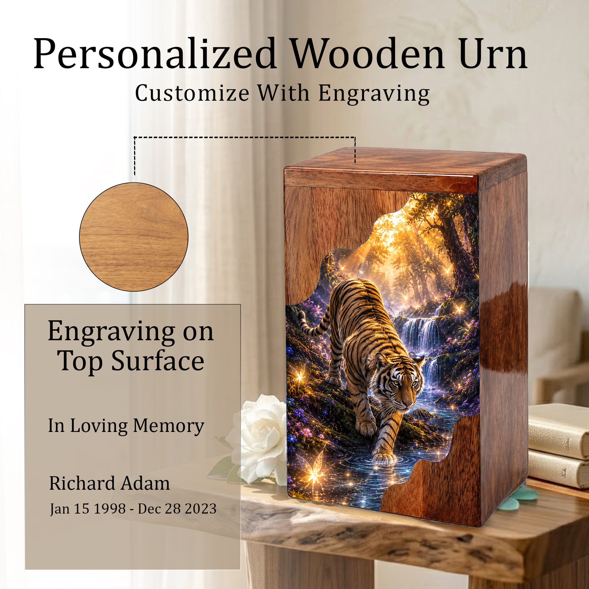 Tiger Wooden Cremation Urn – Personalized Memorial Urn for Dad | Nature Inspired Wooden Urn for Human Ashes
