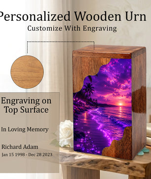 Beach Wooden Cremation Urn – Ocean Sunset Memorial Urn for Human Ashes