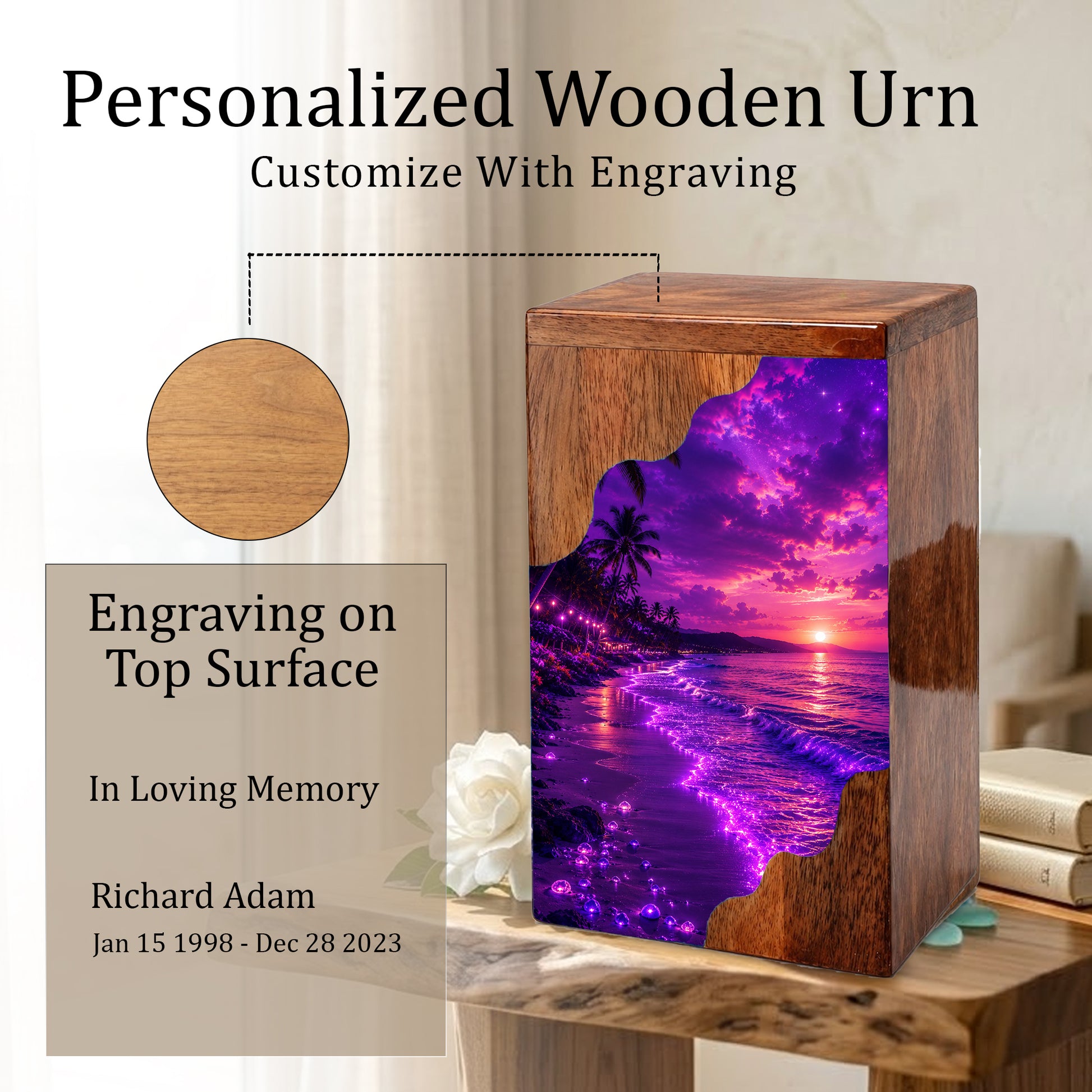 Beach Wooden Cremation Urn – Ocean Sunset Memorial Urn for Human Ashes