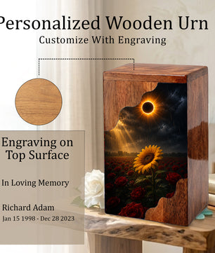 Sunflower Wooden Cremation Urn for Mom | Eclipse Memorial Urn for Human Ashes