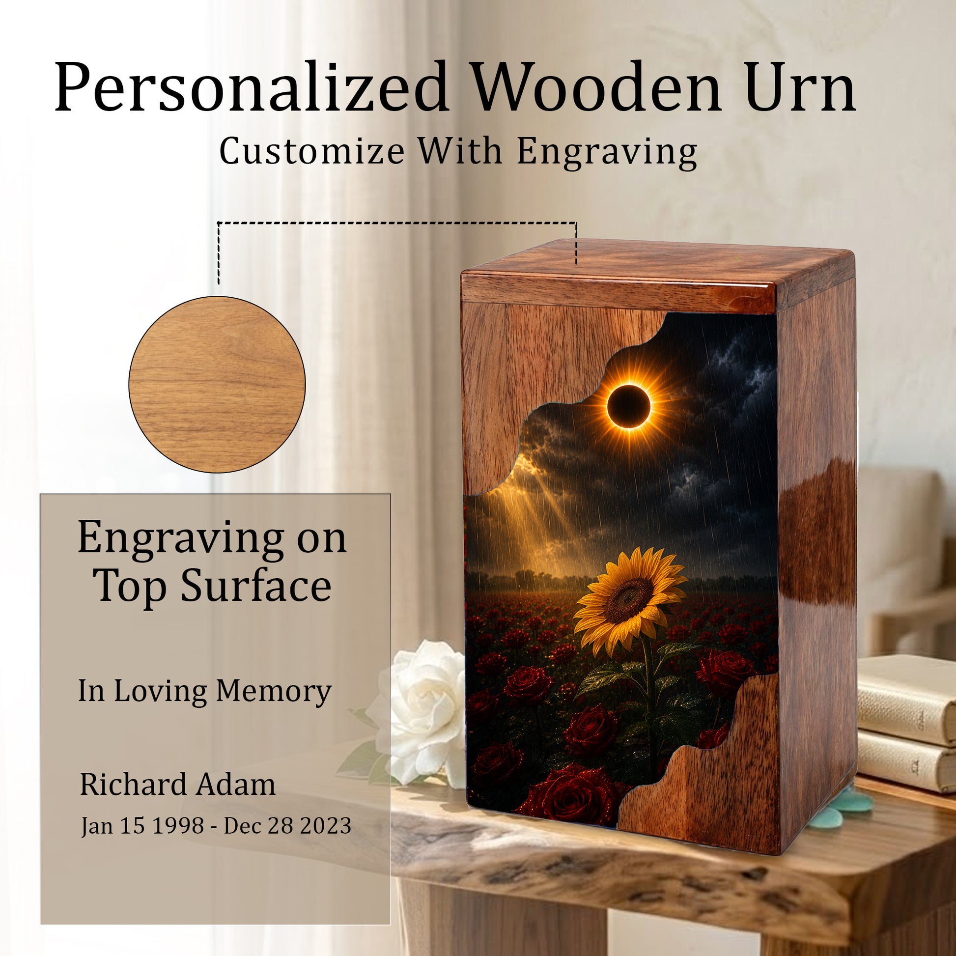 Sunflower Wooden Cremation Urn for Mom | Eclipse Memorial Urn for Human Ashes