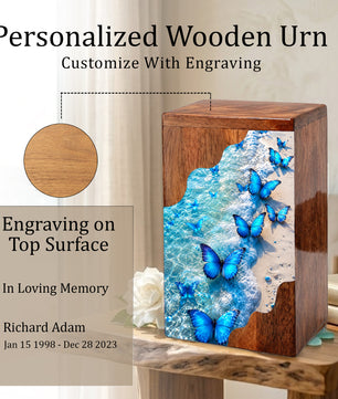 Blue Butterfly Beach Wooden Cremation Urn – Personalized Memorial Urn for Human Ashes