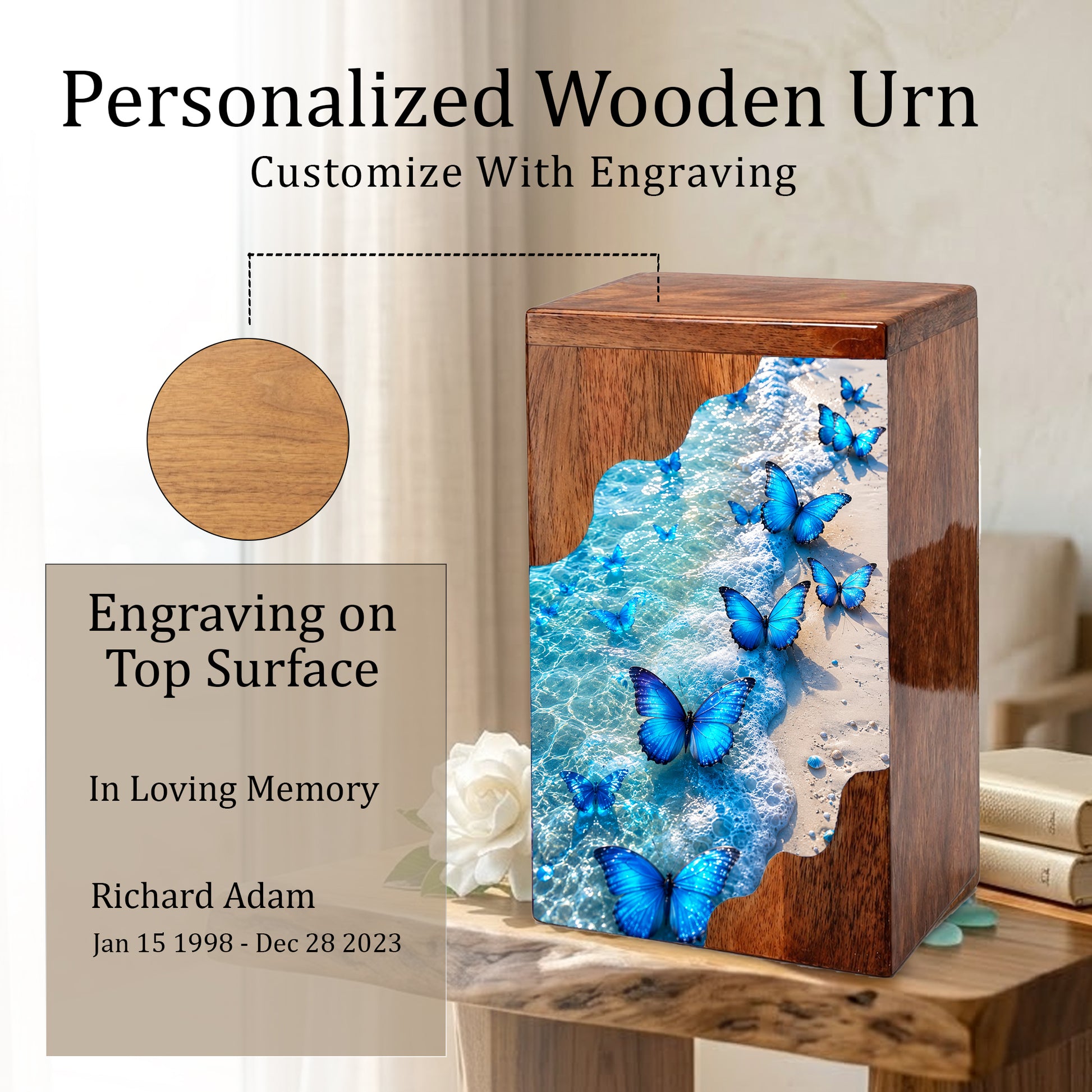Blue Butterfly Beach Wooden Cremation Urn – Personalized Memorial Urn for Human Ashes