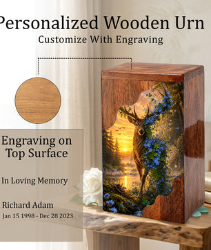 Deer Wooden Cremation Urn – Nature Memorial Urn for Human Ashes