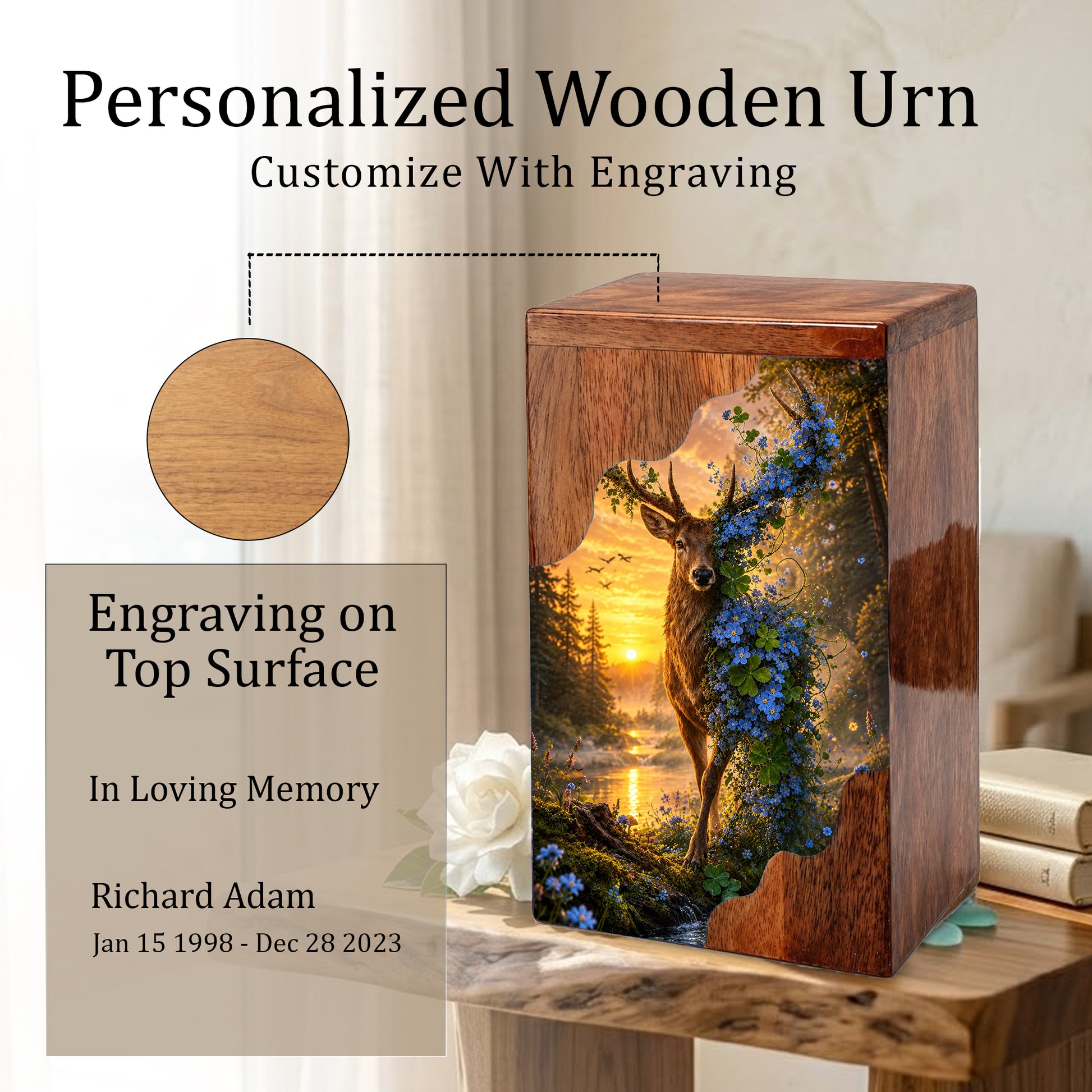 Deer Wooden Cremation Urn – Nature Memorial Urn for Human Ashes