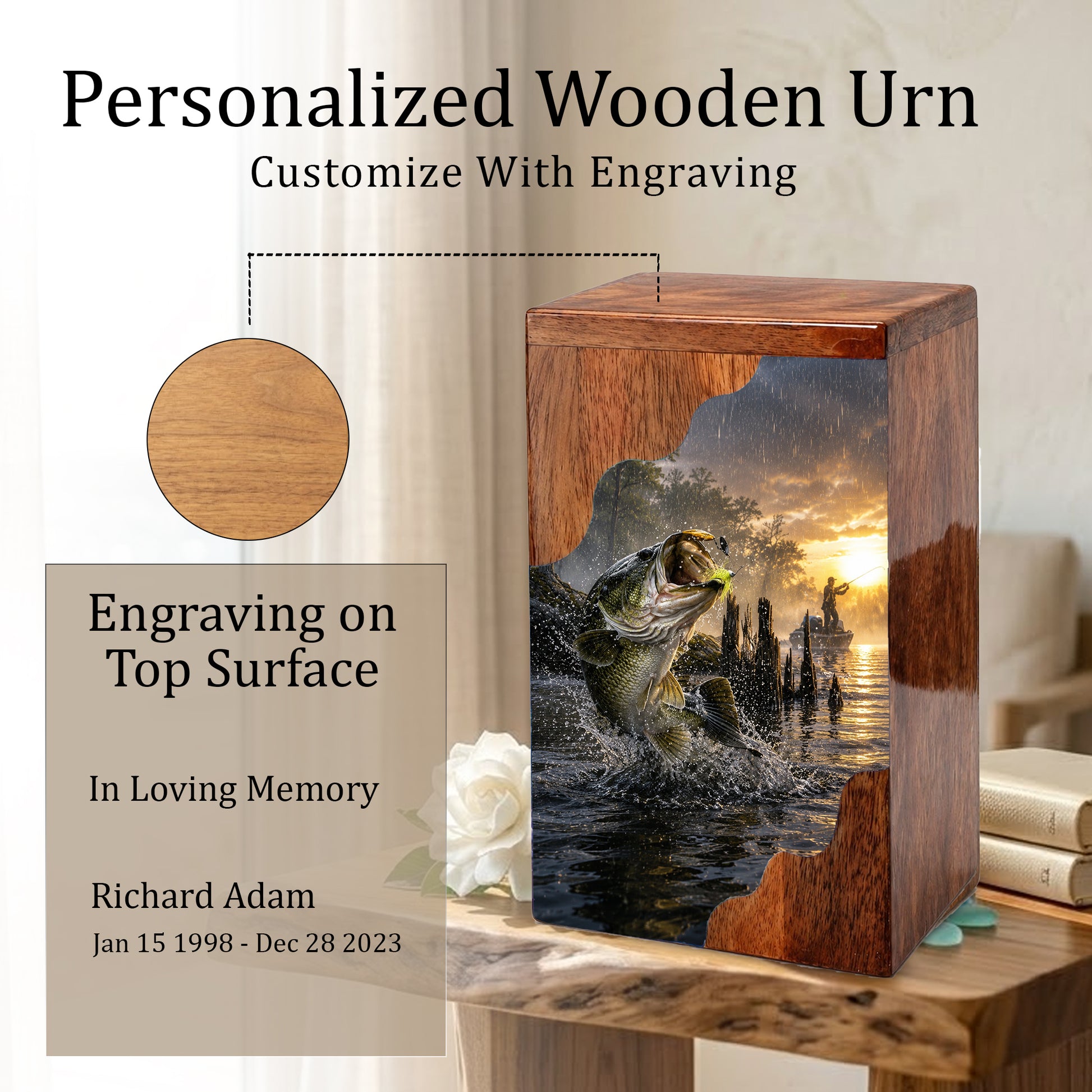 Fishing Cremation Urn – Wooden Urn for Human Ashes | Gone Fishing Memorial Urn