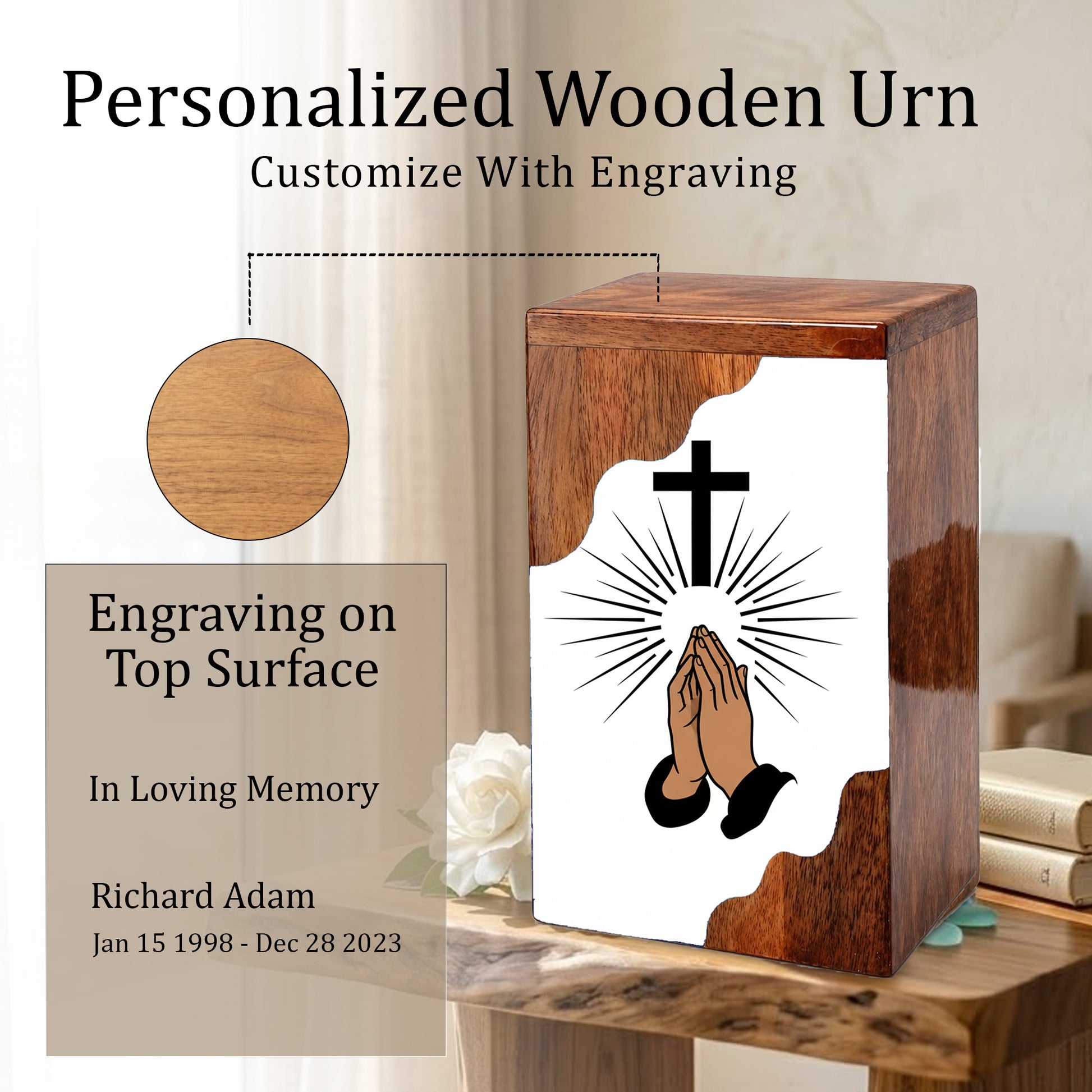 Cross Wooden Cremation Urn – Prayer Cross Memorial Wooden Urn for Human Ashes