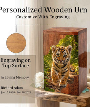 Tiger Wooden Cremation Urn for Human Ashes | Urns for Dad | Adult Cremation Urn for Men