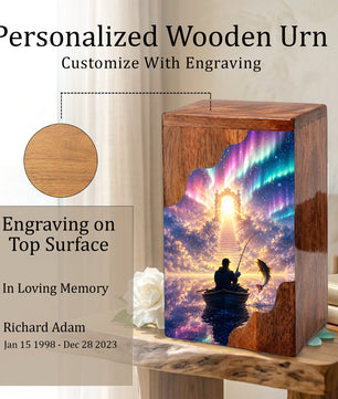 Northern Lights Fishing Wooden Cremation Urn – Personalized Memorial Urn for Human Ashes