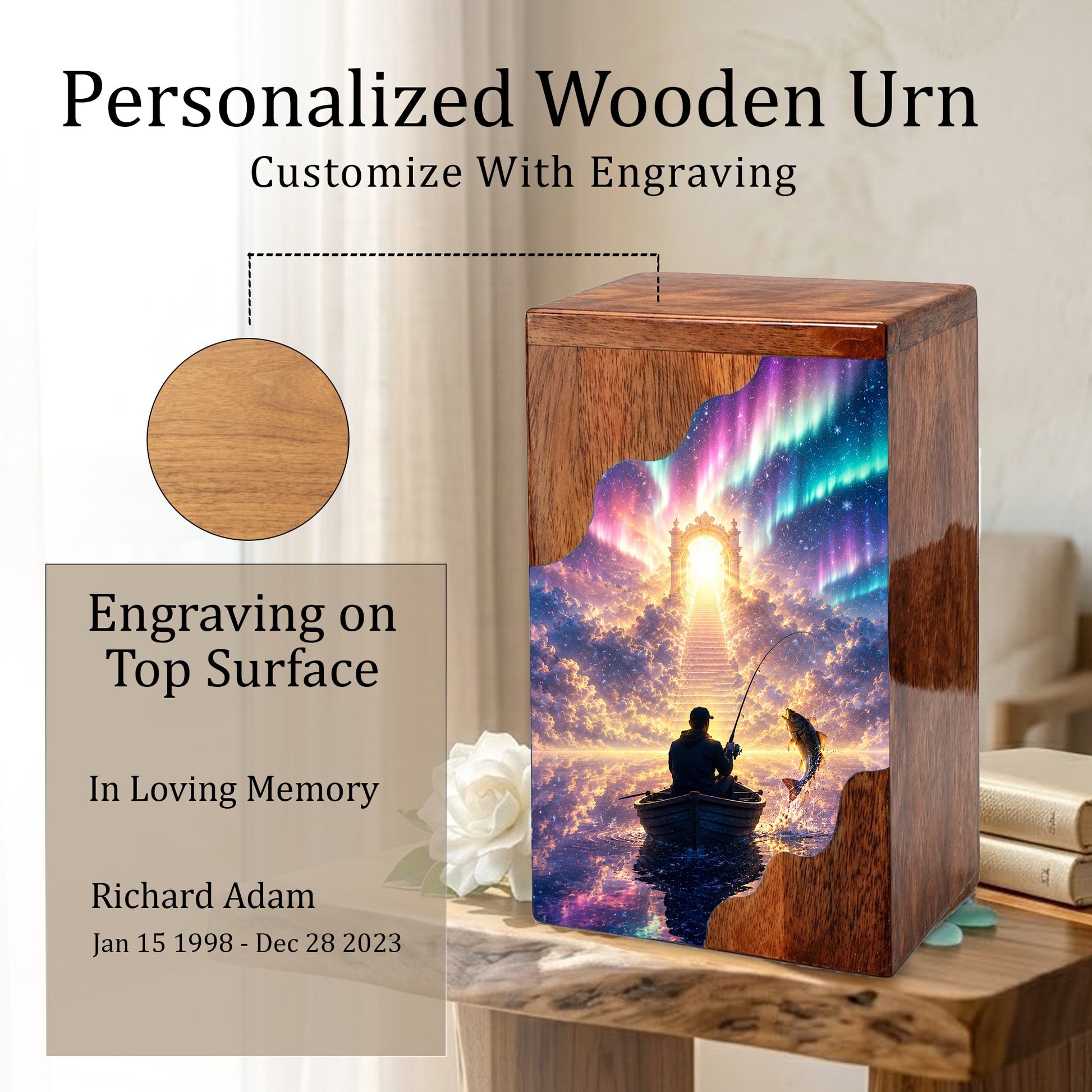 Northern Lights Fishing Wooden Cremation Urn – Personalized Memorial Urn for Human Ashes