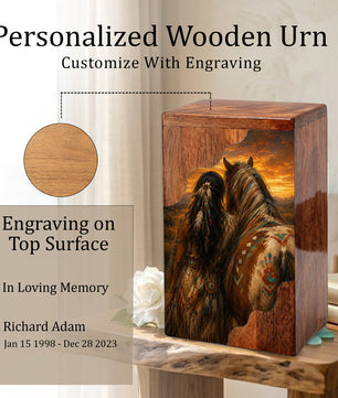 Native Spirit Wooden Cremation Urn – Horse Memorial Urn for Human Ashes | Sunset Tribute Wooden Urn
