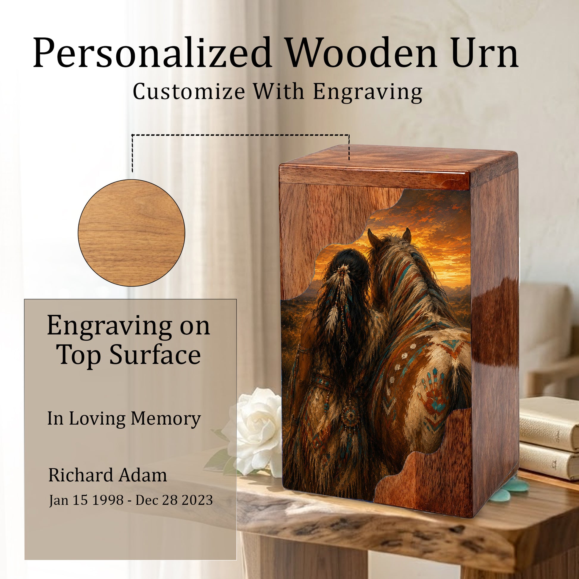 Native Spirit Wooden Cremation Urn – Horse Memorial Urn for Human Ashes | Sunset Tribute Wooden Urn