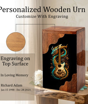 Dragon Guitar Wooden Cremation Urn – Music Memorial Urn with Mythical Dragon