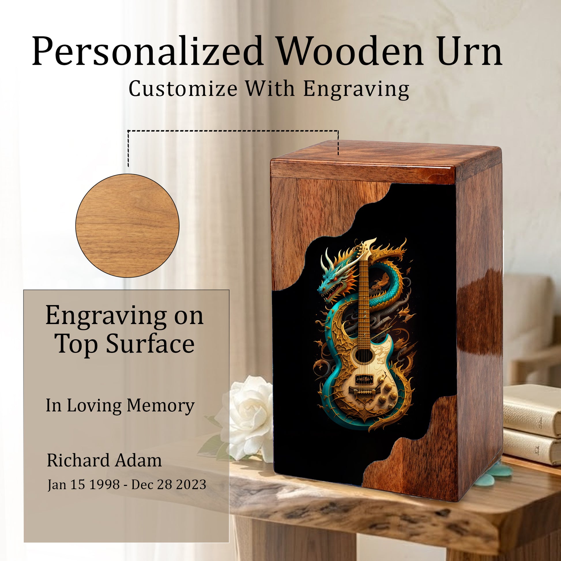 Dragon Guitar Wooden Cremation Urn – Music Memorial Urn with Mythical Dragon