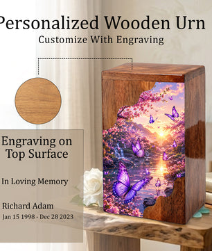 Purple Butterfly Wooden Cremation Urn – Floral Waterfall Memorial Urn for Human Ashes