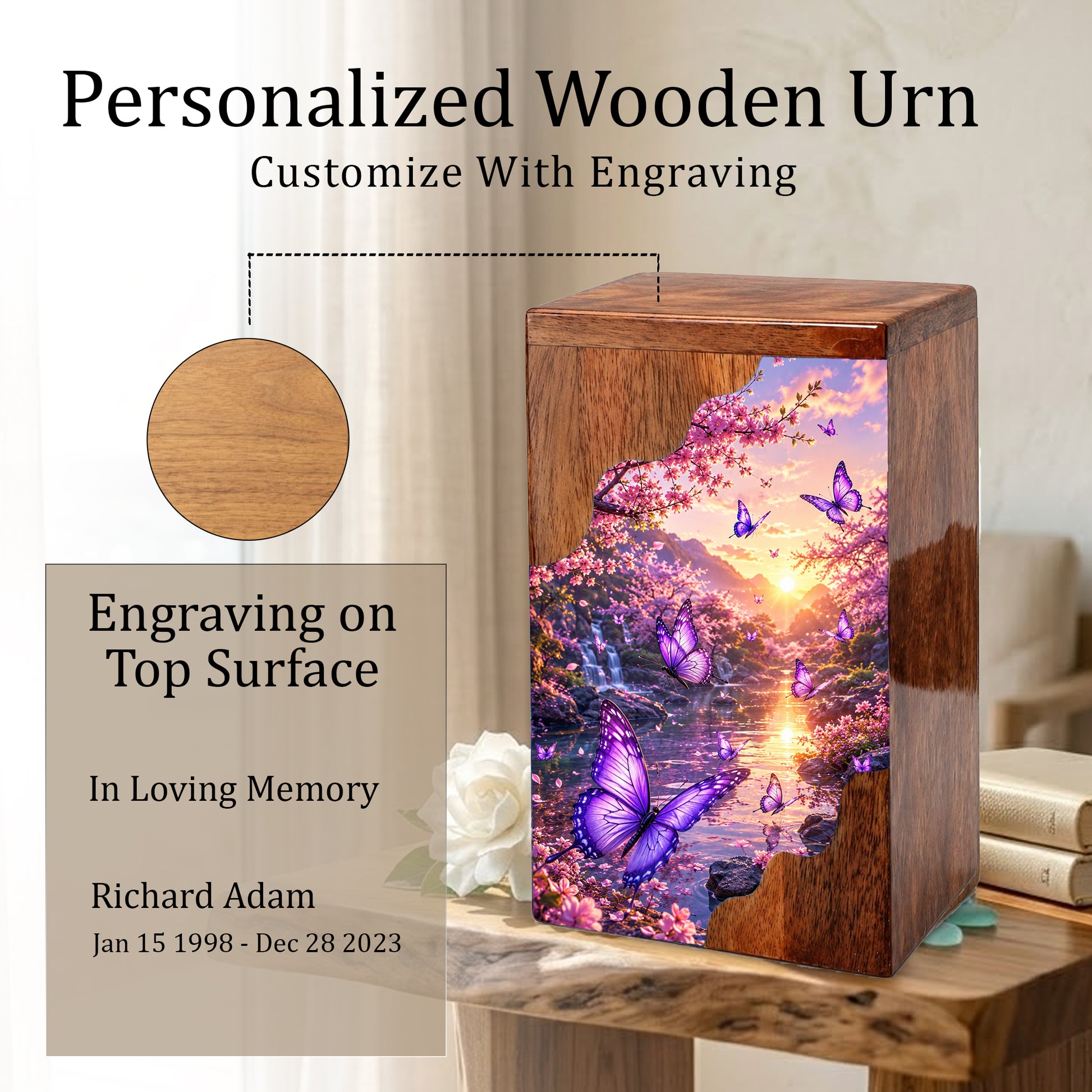 Purple Butterfly Wooden Cremation Urn – Floral Waterfall Memorial Urn for Human Ashes