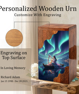 Aurora Harp Wooden Cremation Urn – Celestial Lake Memorial Wooden Urn for Human Ashes