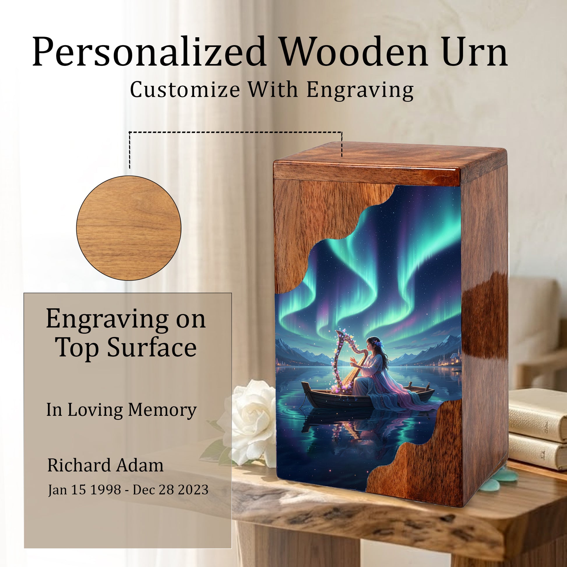 Aurora Harp Wooden Cremation Urn – Celestial Lake Memorial Wooden Urn for Human Ashes